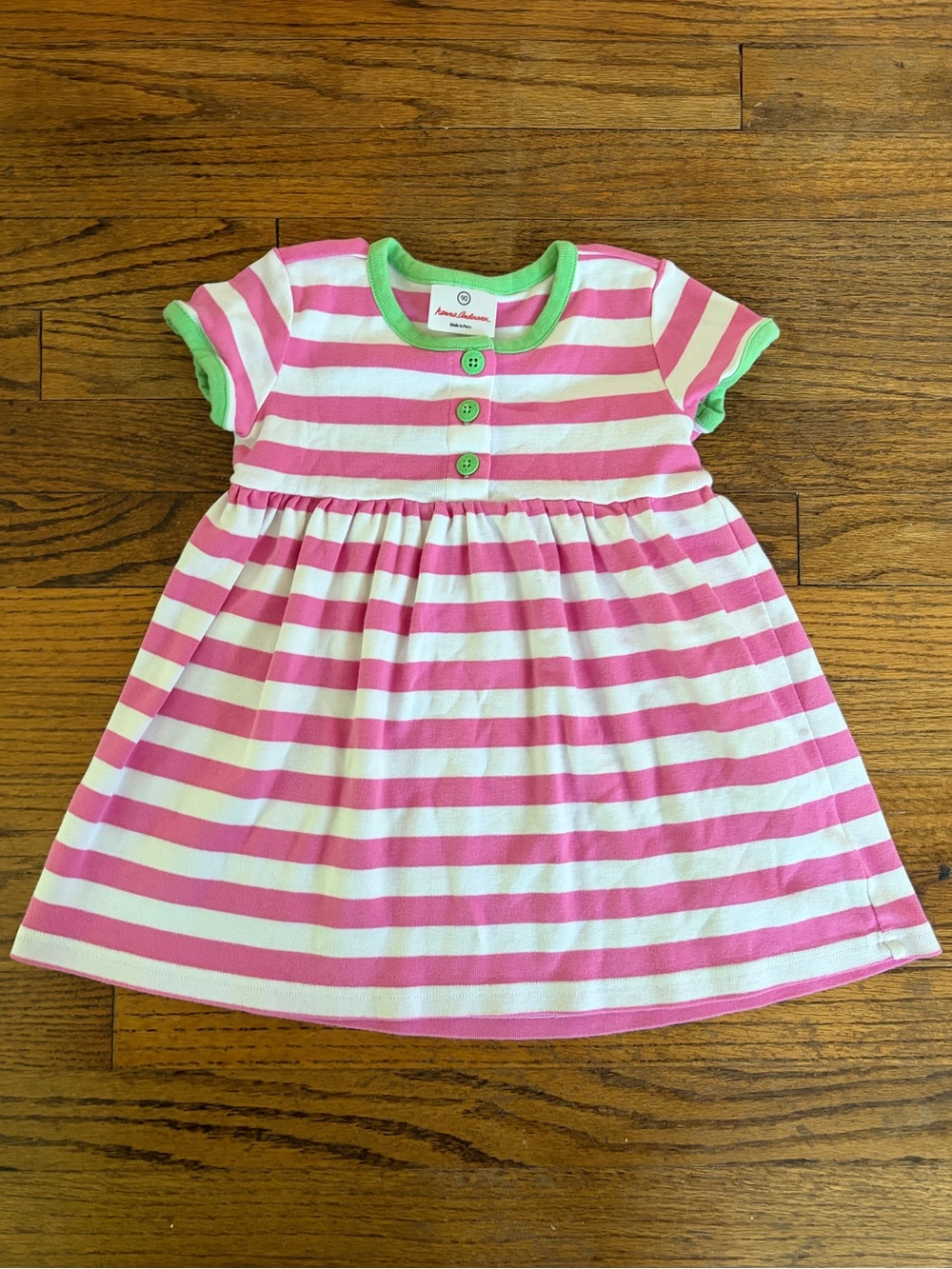 Hanna Andersson 3T Pink White Striped Dress with Green Trim Organic Cotton